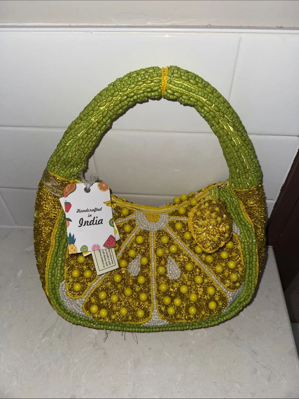 Handcrafted India Yellow Green Beaded Women’s Shoulder Bag